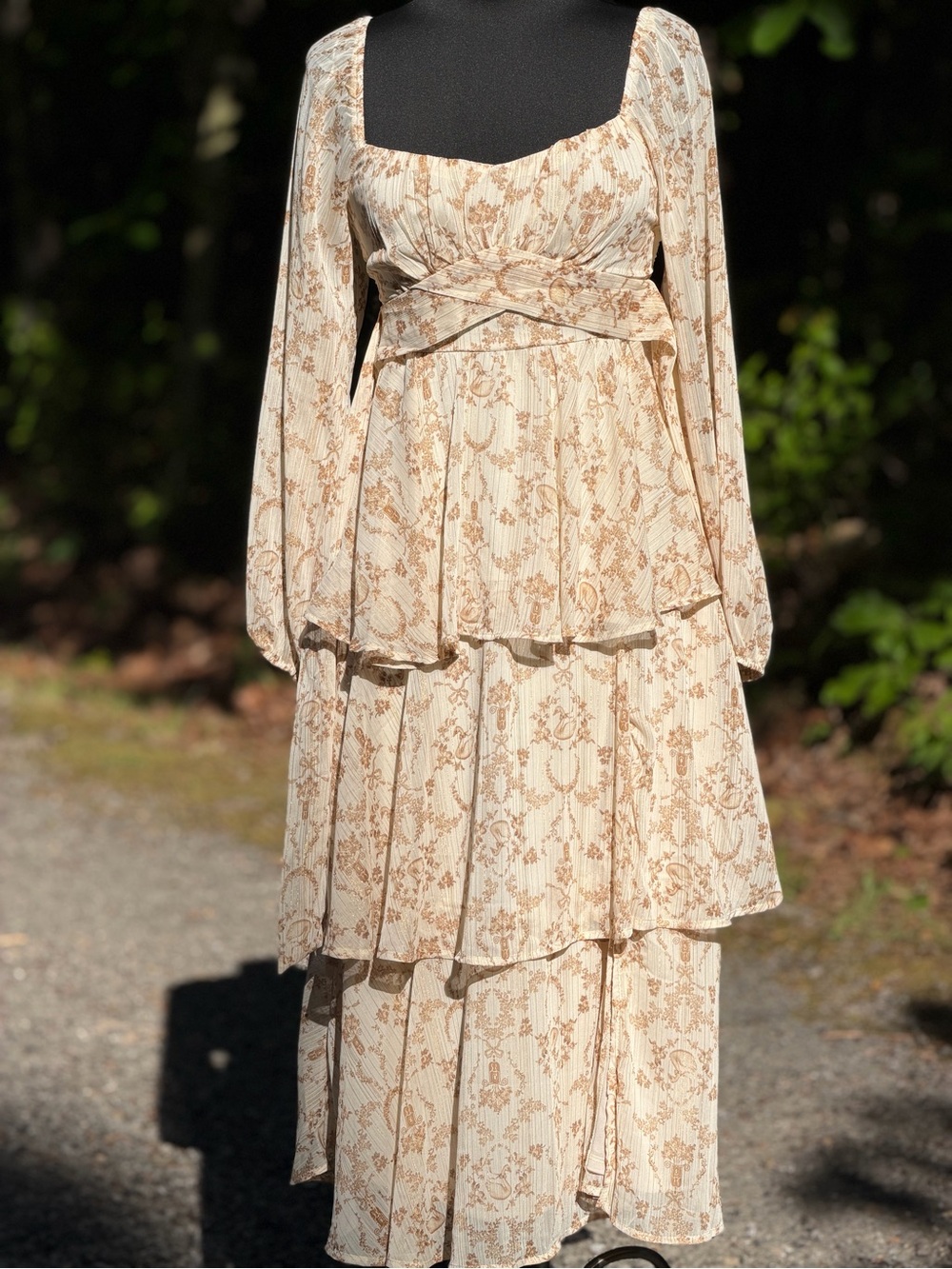 Francesca's Collections Cream and Tan Floral Long Sleeve Maxi Dress